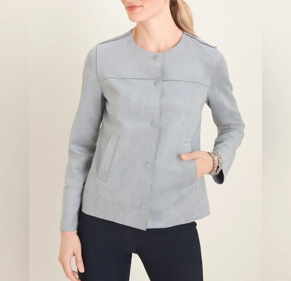 Chico's Faux Scuba Suede Gray/Blue Jacket Size 12/14